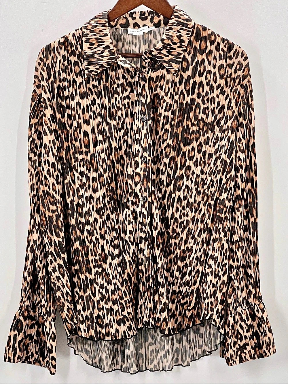 495 Good American Pleated Leopard Print Blouse Brown & Black Size 1/2